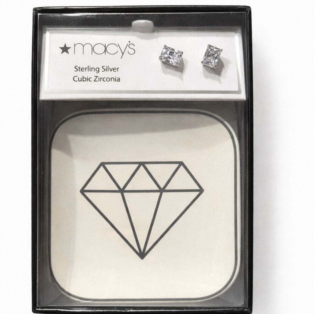 Macy’s CZ Stud Earrings Gift Set w/ Small Plate Silver‎ Tone, NWT